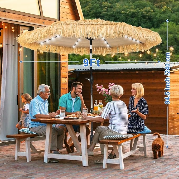9FT Tiki Thatched Umbrella With Solar Lights for Outdoor Patio Poor Garden | 8 Steel Ribs,Zinc Alloy Push Button Tilt,UPF 50+,Strong Wind Resistance,9-12 hours of lighting,45°of tilt,Easy Set Up