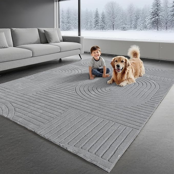 Grey Solid Area Rug 8x10, Large Washable Soft Rugs for Living Room | Soft Fluffy Modern Geometric Boho High-Low Pile Non Slip Carpet for Bedroom, Dining Room, Kids Room, Nursery,Apartment,Office