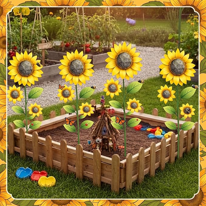 4 Pack Garden Decor for Outside 15.7'' Metal Sunflower Garden Stakes Decorative Summer Flowers Metal Yard Art Rust Proof Plant Sticks for Outdoor Lawn Yard Patio Porch