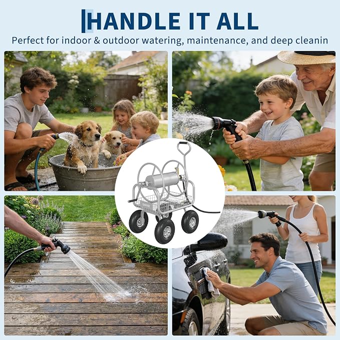 Garvee Garden Hose Reel Cart with Wheels, Hold Up to 300 ft of 5/8" Hose, Heavy Duty Water Hose Reel with Storage Basket, Mobile Outdoor Hose Storage for Garden, Yard, Farm
