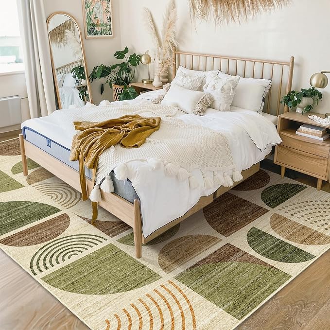 5x7 Area Rugs Washable,Boho Rugs Non Slip Modern Abstract Large | Throw Carpet for Living Room Bedroom Dining Room Soft Low Pile Floor Indoor Bohemian Vintage Green and Brown