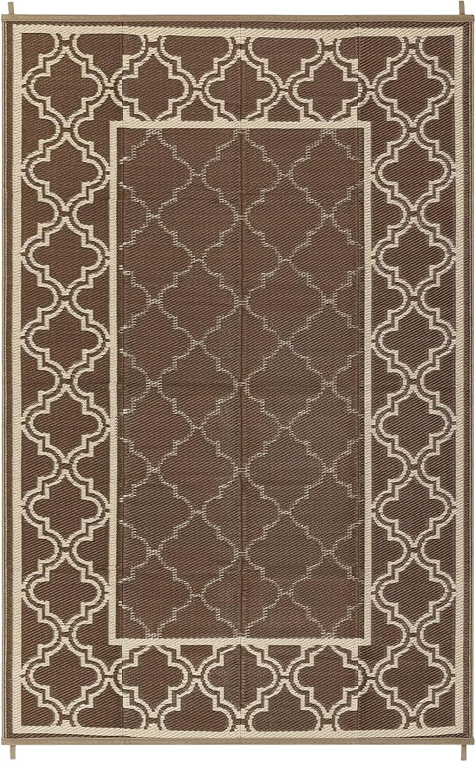 Garvee Reversible Outdoor Rug 10x14, Waterproof Outdoor Plastic Straw Rug with Interlacing Pattern, RV Mat for Picnics, Patio, Camping, Balcony, Deck, Backyard, Porch, Brown