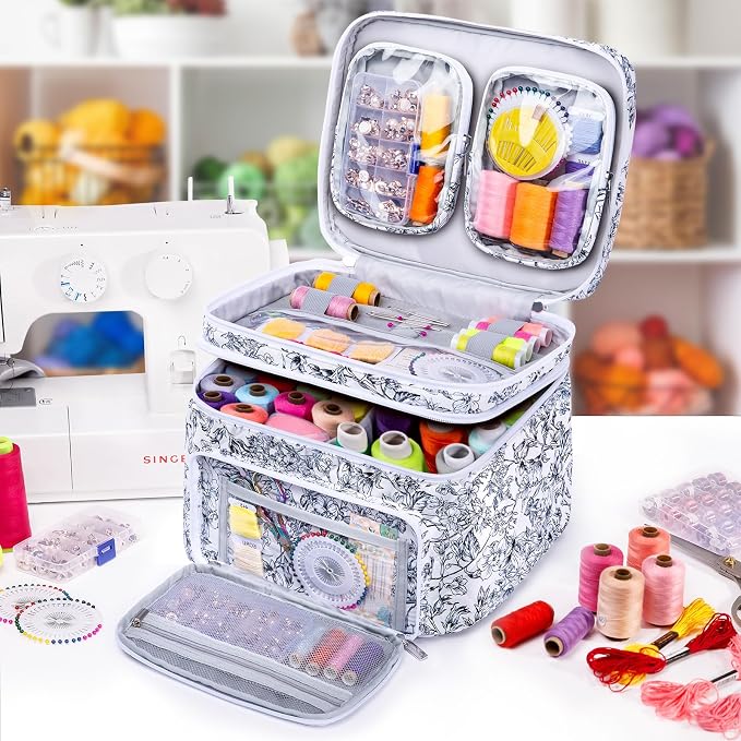 AMOIGEE Double-Layer Sewing Organizer Storage Bag with 2 Detachable Pouches, Large Quilted Sewing Basket for Supplies & Tools, Portable Travel Sewing Kit Case, Gift for Mom(BAG ONLY)