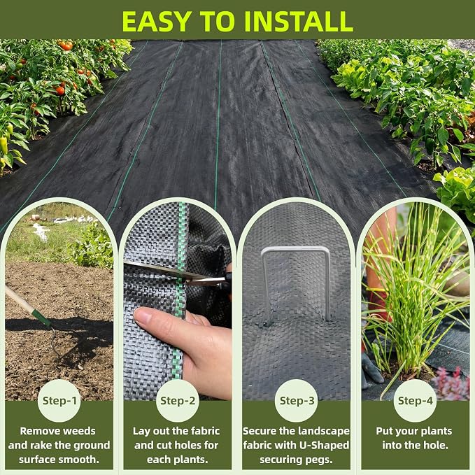 Rohuis Weed Barrier Landscape Fabric 4ft x 100ft, 3.2OZ Heavy Duty Woven Ground Cover for Garden Beds, Gravel Paths, Driveways and Rock Landscaping, Permeable Weed Control Mat with 20 U-Shaped Pegs