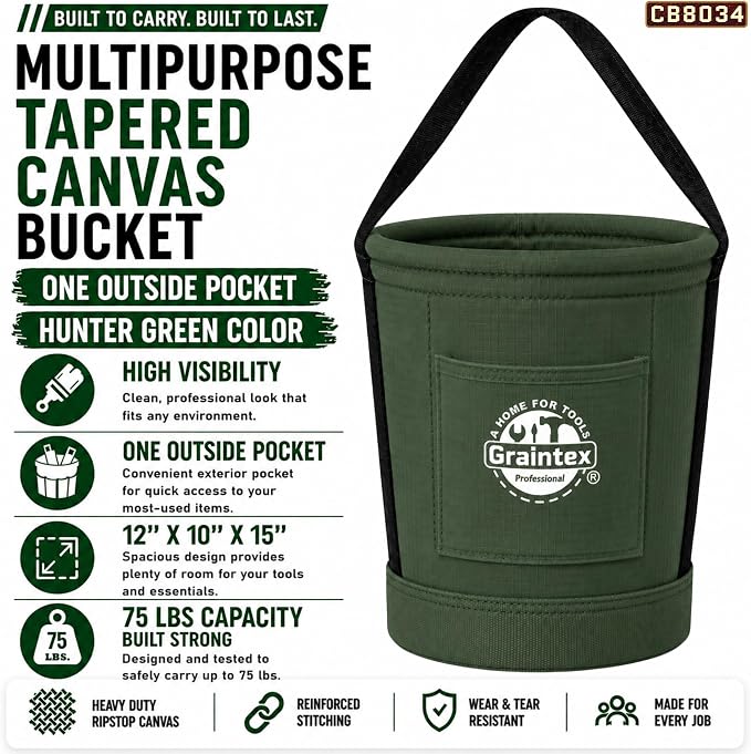 Graintex Tapered Canvas Bucket 12"x10"x15", Utility Tool Bucket One Inside Pocket, Reinforced Base & Carry Handle, Ripstop Canvas - Hunter Green