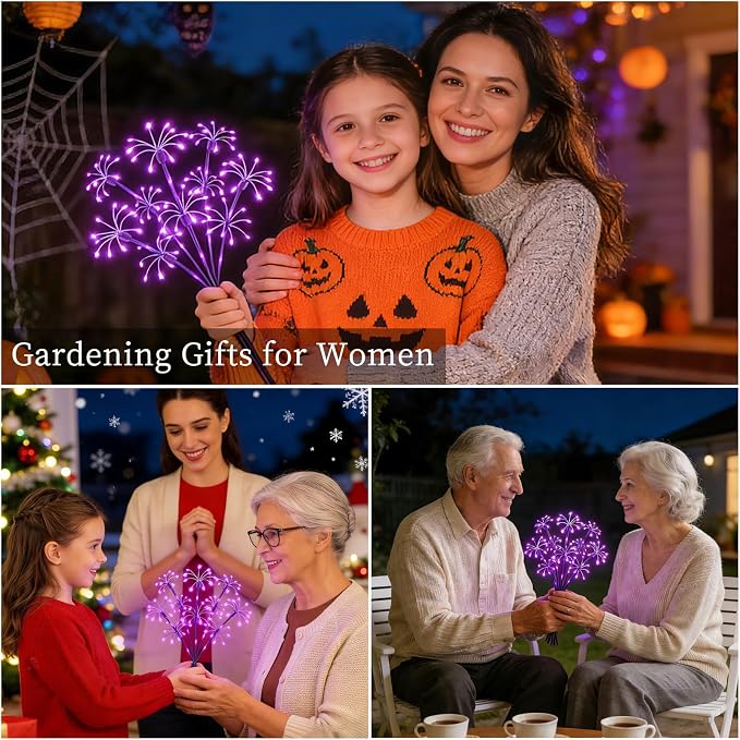Solar Garden Lights Outdoor, 4 Pack 2-Layer Purple Solar Firework Lights, Waterproof Starburst Fairy Light Garden Decor for Yard Patio Pathway Lawn, Unique Gifts for Women Mom Grandma Mother's Day
