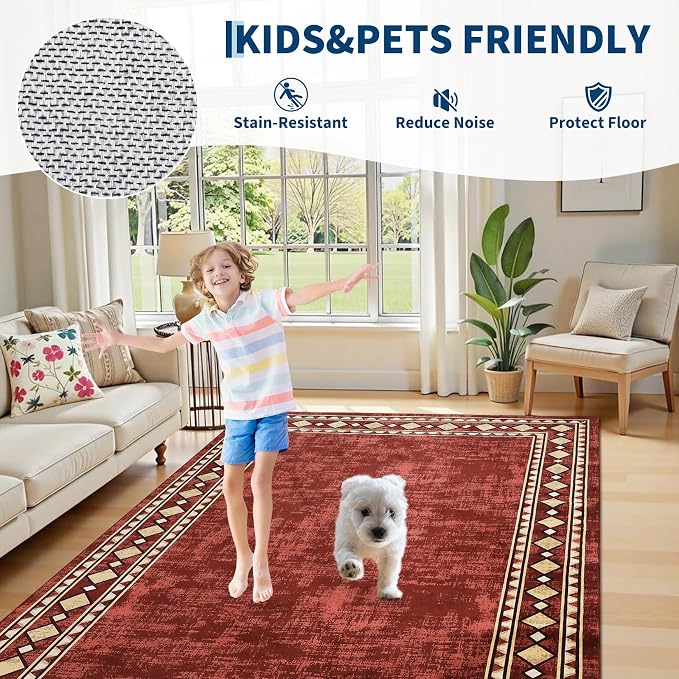 Garvee 5x7 Area Rugs Vintage Border Washable Rugs Living Room, Red | Boho Area Rug Stain Resistant Easy Cleaning Throw Rugs Non Shedding Low Pile Floor Cover for Nursery Dining Room