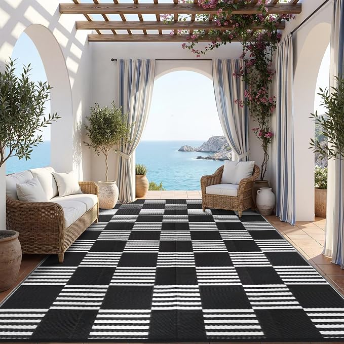 Garvee Waterproof Outdoor Rug 6x9, Checkered Foldable Plastic Straw Patio Camping Rug, Outdoor RV Carpet for Deck Camper Porch Balcony Backyard Picnic Beach Black and White