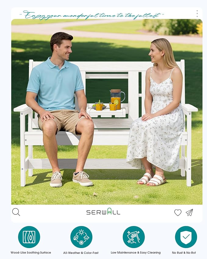 SERWALL HDPE Outdoor Bench with Cup Holder Oversized 58" Porch Bench, White | Suitable for 3 Person, Heavy-duty, High Backrest, Weatherproof Material Patio Benches for Garden, Park, Yard, Front Porch