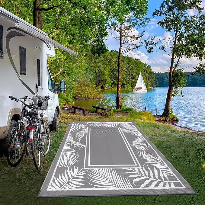 Bsmathom Waterproof Outdoor Rug 6'x9' Reversible Boho Plastic Straw Patio Deck Camping Rugs, Indoor Outdoor Portable RV Mat Clearance Carpet for Outside, Porch, Balcony, Backyard, Beach, Pool,Grey