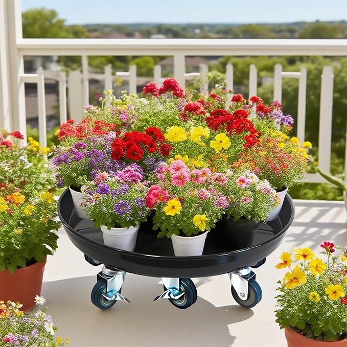 20 Inch Heavy Duty Plant Stand on Wheels, Round Plant Caddy with Wheels for Indoor & Outdoor Use, Metal Rolling Tray for Potted and Small Furniture (Black 2 Pcs)