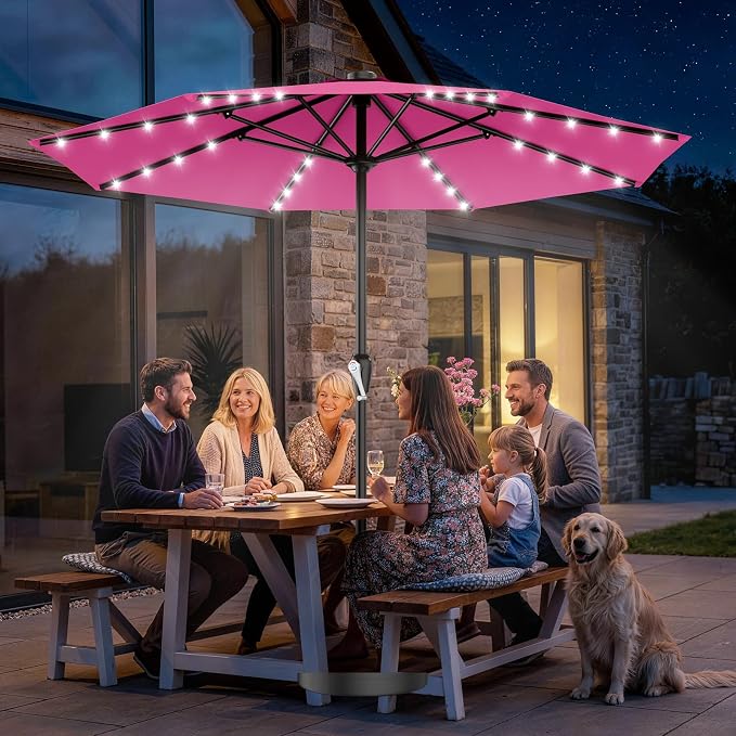 AreShark 12FT Large Patio Umbrella with Solar Lights, Solar Powered Outdoor Umbrella with Crank, Patio Table Market Umbrellas for Garden, Deck, Backyard, Pool and Beach, Rose Pink