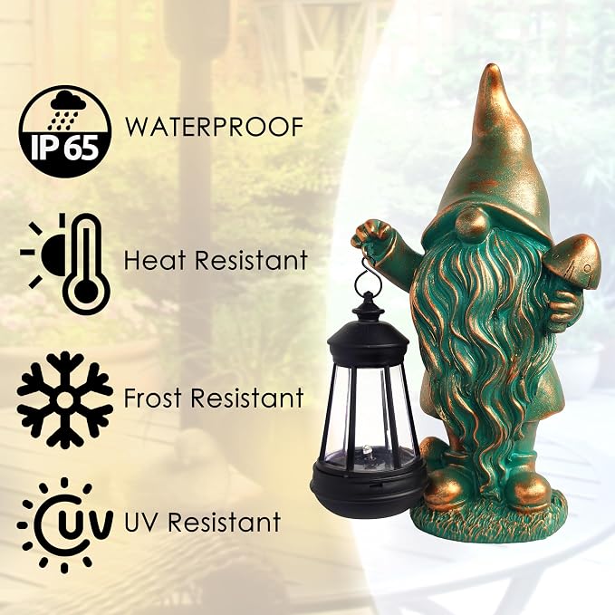 JOYBEE Garden Statues Gnomes with Solar Lantern Outdoor Decor-Gnomes Solar Figurines Lights Decorations for Patio Yard Lawn Ornaments-Gifts for Birthday Easter Housewarming