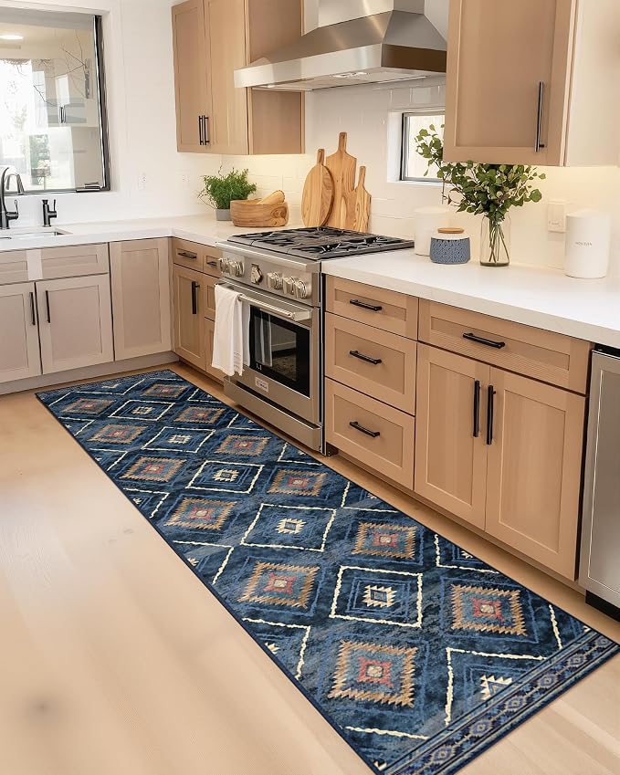 2'x8' Washable Area Rug for Living Room Runner Darkblue | Soft Western No Slip Low Pile Print Foldable Indoor Small Rug for Kitchen entrance entryway hallway