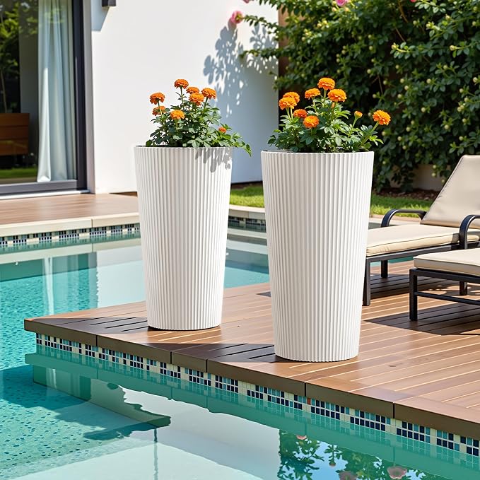 23.6" H Tall Planters for Outdoor Plants Set of 2 - Fluted Large Outdoor Planters for Front Porch Decor with Drainage Hole, Plastic Round Flower Pots Fits Indoor Plants Patio/Garden, White