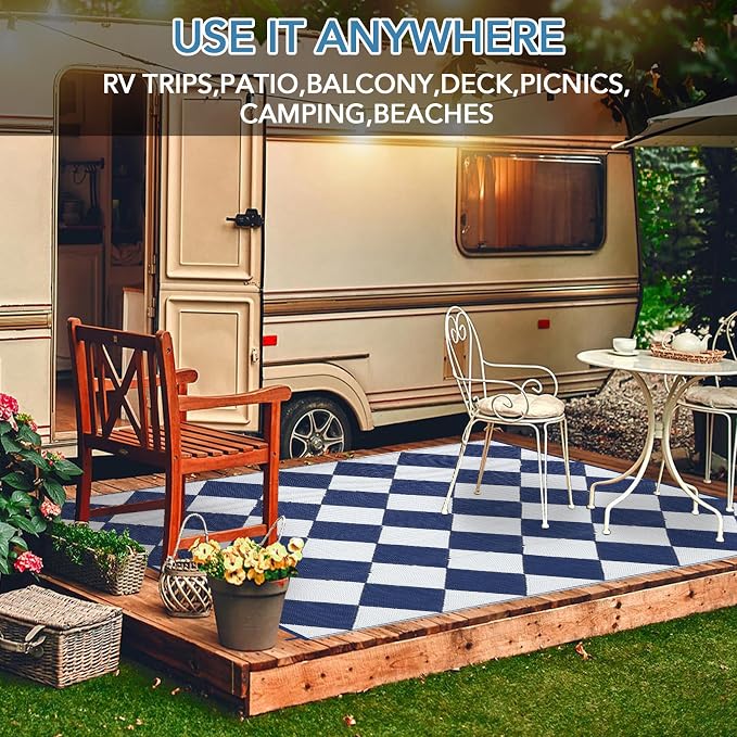 Garvee Outdoor Rug 9x18 Outdoor Patio Rug Reversible Plastic Straw Rugs Waterproof Foldable Mat Easy Clean Lightweight Carpet for Backyard Camping Porch RV Beach Balcony Deck Picnic Checkered Navy