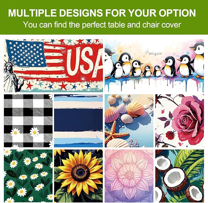 Vintage Gingham Picnic Table Cover with Bench Covers Set of 3 - Black White Check with Floral Accents, Elastic Fitted Tablecloth for 6 Ft Tables, Washable Polyester Cover for Patio, Indoor & Outdoor