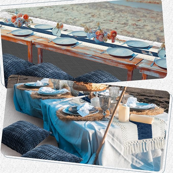 Beeveer Extra Large Outdoor Boho Picnic Blanket 91'' x 71'' Blue Table Runner 6 Throw Pillow Cover Woven Cotton Yarn Oversize Beach Blanket Washable for Picnic Camp Wedding