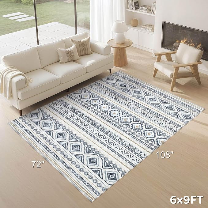 cotiled 6x9 Area Rugs for Living Room: Boho Washable Rug for Dining Room | Solve Modern Neutral Trendy Home Decor - Stain Resistan Indoor Soft Carpet for Bedroom Nursery Blue