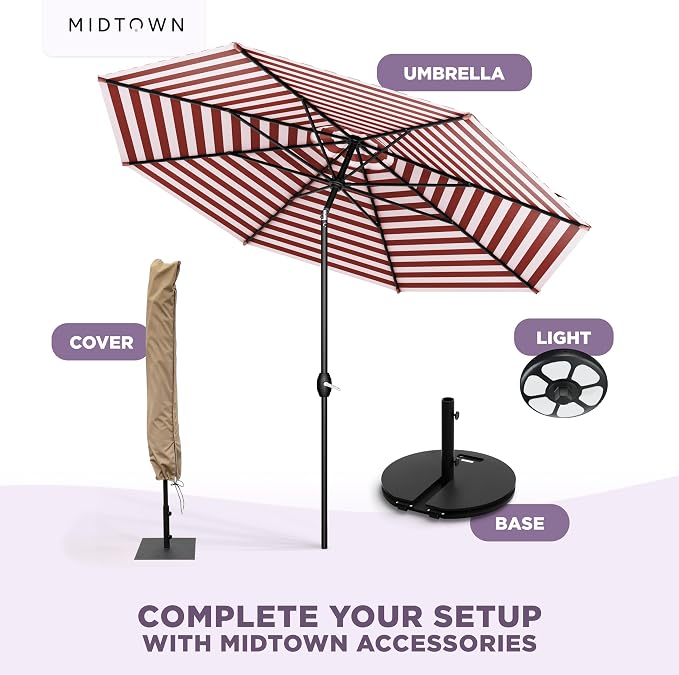 MIDTOWN UMBRELLAS The Lean 9 Feet Outdoor Umbrella With Terylast Red Stripes (Red/White Stripes) Polyester Fabric - 8 Ribs Aluminum Frame Patio Umbrella With Zinc Alloy Crank Lift And Auto-Tilt System