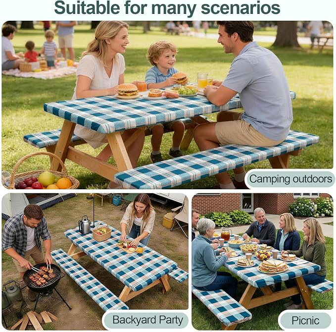 Play Tailor Picnic Table Cover with Bench Covers Camping Essentials Waterproof Windproof Camping Tablecloth with Drawstring Bag, Fitted Rectangle Tables and Seats, 72in, Green Checkered