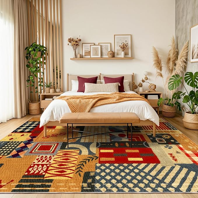 8x10 Tribal Patchwork Area Rug for Living Room, Geometric Boho Large Rug | Colorful Vintage Rustic Rugs Non Slip Carpet| Indoor Rug for Dining Room Bedroom Office Entryway Decor| Memphis-Inspired Rug
