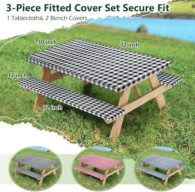 Picnic Table Cover with Bench Covers and Bag, Camping Table Camping Essentials Cover with Elastic Edges(Black)