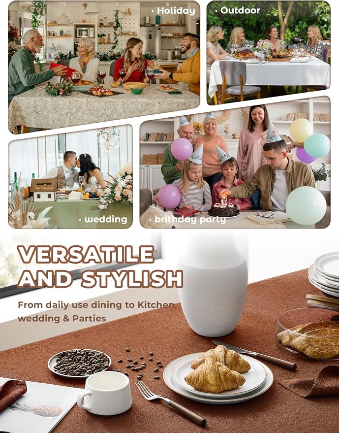 Faux Linen Farmhouse Table Cloth 60"x144" for 10 ft Rectangle Table, Burnt Orange Waterproof Outdoor Washable Cloth Tablecloth for Rectangular Dining Room Kitchen Outdoor Party Restaurant Table