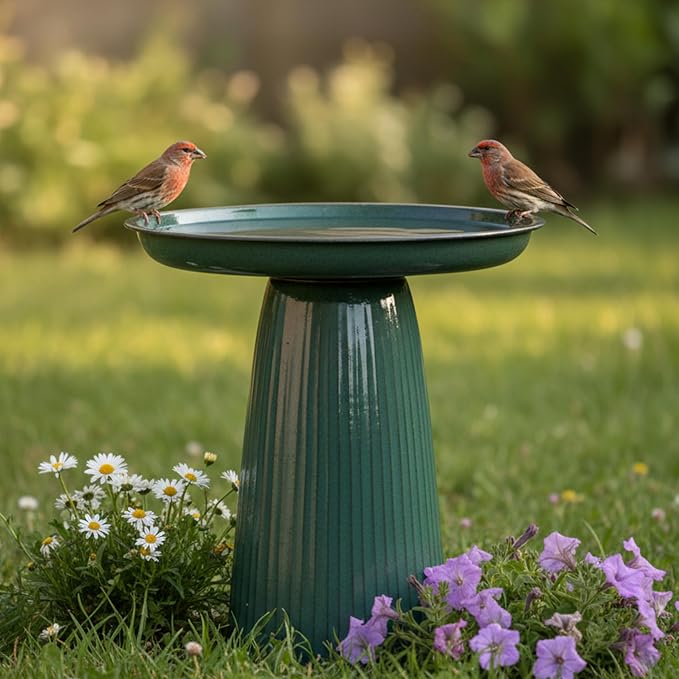 Sunnydaze Gleeful Garden 23" Iron Pedestal Bird Bath for Outside - Modern Shallow Basin Birdbath for Outdoors with UV-Protected Rust-Resistant Finish for Patio, Garden, Yard Decor - Green Glaze