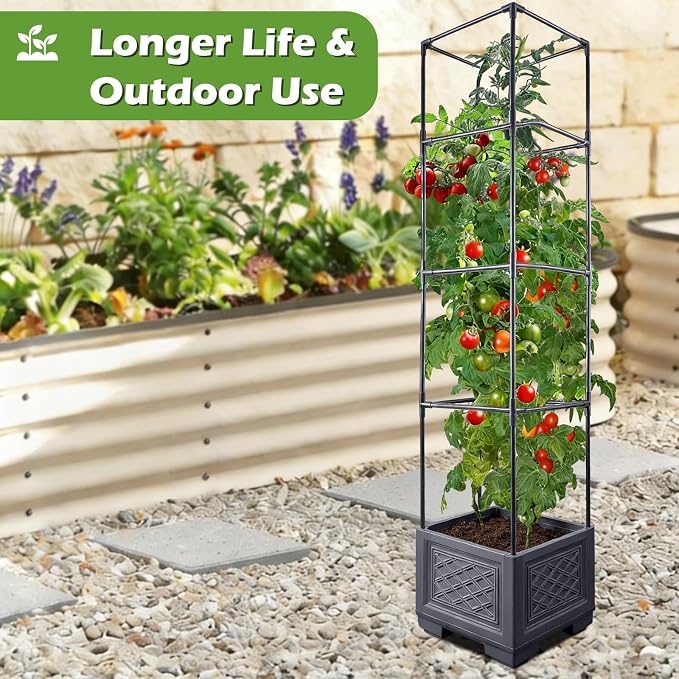 55 Inch Raised Garden Bed with Trellis, Self-Watering Tomato Planter Box with Hidden Rolling Wheels, Vertical Plant Support Cage for Climbing Vegetables Tomatoes Vines Flowers Indoor Outdoor 2 Pack