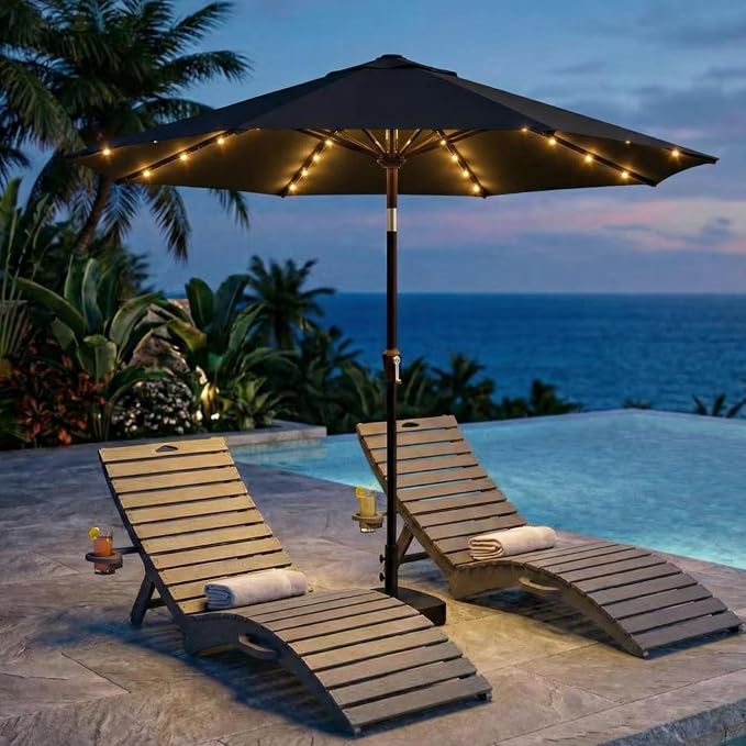 Kingdura 10FT Outdoor Patio Umbrella with Solar Lights, Market Table Umbrella with Push Button Tilt & Crank, 8 Sturdy Ribs, 32 LED Lights, UV Protection for Garden Lawn Deck Backyard Pool (Black)
