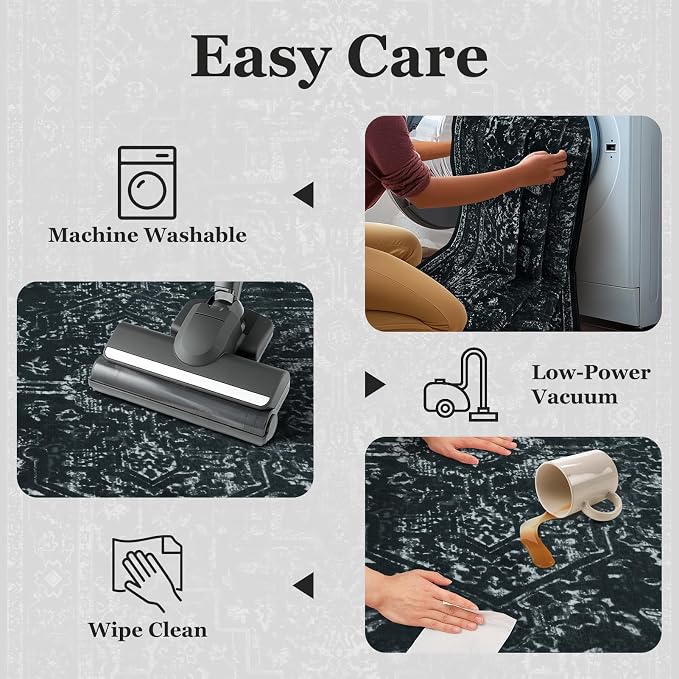 Black White 2x8 Kitchen Runner Rug, Washable Non Slip Hallway Entryway Runner Indoor, Low Pile Vintage Medallion Distressed Carpet Runners 8ft for Bedroom Bedside/Laundry Room/Bathroom