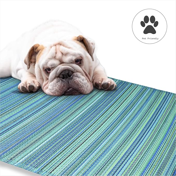 Fab Habitat Striped Outdoor Rug - Waterproof, Fade Resistant, Crease-Free, Reversible - Premium Recycled Plastic - Patio Porch Balcony Deck - Cancun TurquoiseMoss Green - 8x10 ft