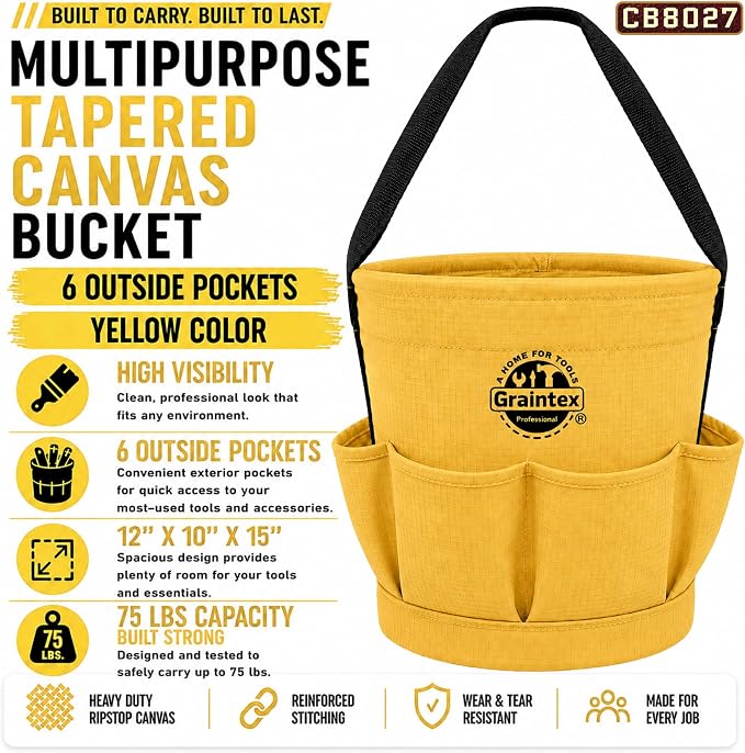 Graintex Tapered Canvas Bucket 12"x10"x15", Utility Tool Bucket 6 Pockets Outside, Reinforced Base & Carry Handle, Ripstop Canvas, Multi-Purpose Bag for Jobsite & Home Use - Yellow