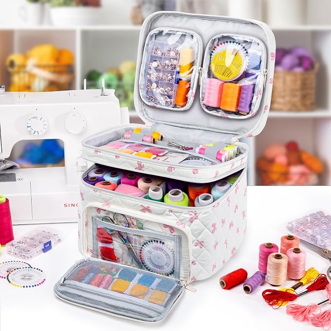 AMOIGEE Double-Layer Sewing Organizer Storage Bag with 2 Detachable Pouches, Large Quilted Sewing Basket for Supplies & Tools, Portable Travel Sewing Kit Case, Gift for Mom(Bag ONLY)