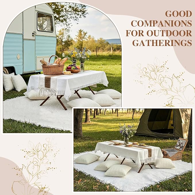 Novabright Picnic Kit Folding Picnic Table Extra Large Outdoor Boho Blanket Beige Table Runner Floor Pillow Covers Woven Cotton Oversize Washable for Camp Wedding (Cream White,Pillow Covers,10 Pcs)