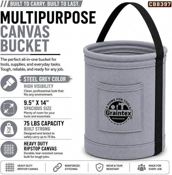 Graintex Canvas Utility Bucket 9.5"x14", Round Tool Bucket, Reinforced Base & Carry Handle, Ripstop Canvas, Ideal Multi-Purpose Bag for Jobsite, Gardening, Home Use, Tool Storage (Steel Grey)