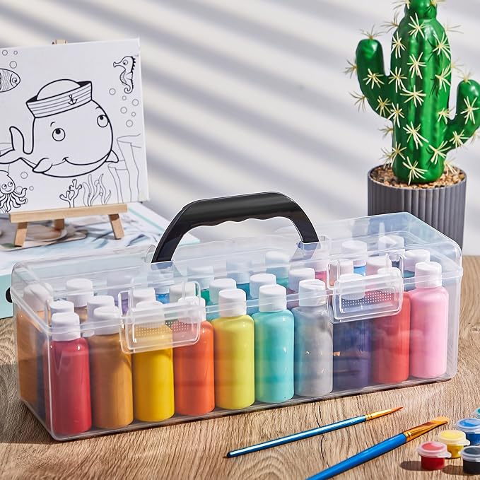 Threehoney 3 Pcs Paint Storage Box for 2 Fl. oz Acrylic Paints, Acrylic Portable Craft art Organizer with Handle, 30 Bottles Capacity Plastic Art Supply Clear Boxes