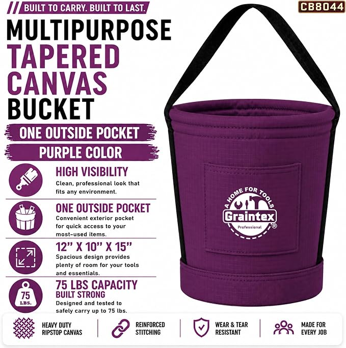 Graintex Tapered Canvas Bucket 12"x10"x15", Utility Tool Bucket One Inside Pocket, Reinforced Base & Carry Handle, Ripstop Canvas - Purple