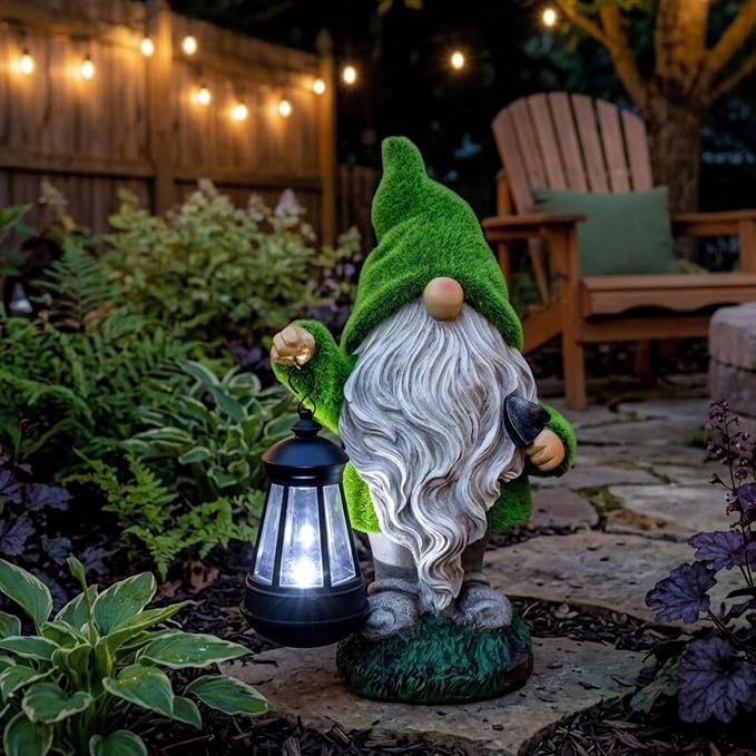 TERESA'S COLLECTIONS Garden Gnomes Outdoor, Green Resin Solar Gnome Decorations for Yard Patio Porch Outside, Gnome Gifts for Mom and Women,12"