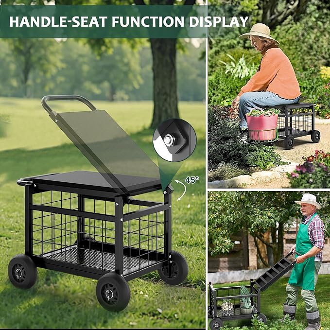 Garden Cart with Seat,3-in-1 Rolling Seat with Wheels for Gardening Seniors | Upgraded Heavy Duty Gardenning Cart with Seat, Supports up to 500 LBS for Seniors, Lawn, Patio & Backyard Gardening, Black
