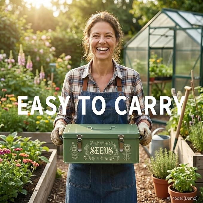Metal Seed Storage Organizer, 4 Compartment Locking Seed Saving Box | Includes 30 Bottles & Envelopes, Dark Green Vintage Garden Seed Organizer for Flower Vegetable Heirloom Seeds