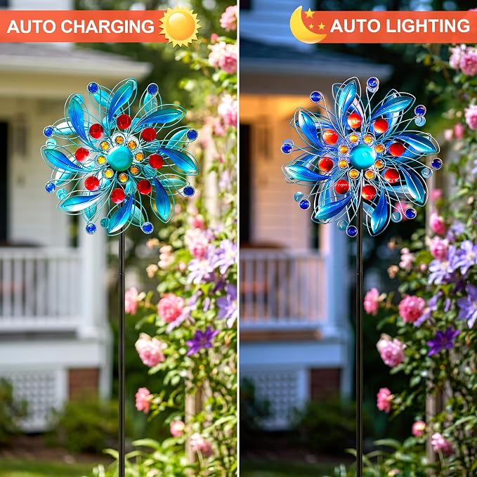Solar Wind Spinner with Glass Ball - Lighted Kinetic Metal Yard Art with Jeweled Accents - Vibrant Blue Floral Windmill Outdoor Garden Decor for Patio, Lawn, and Pathway