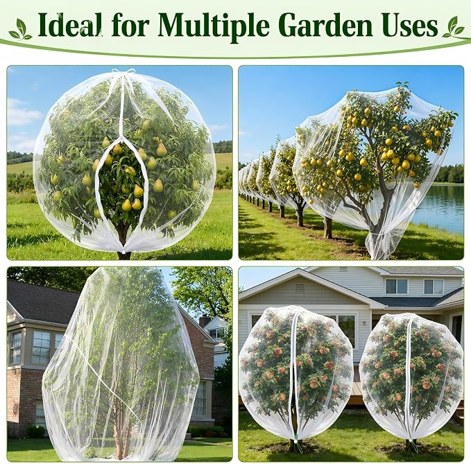 3 Pack 12 x 12 ft Large Fruit Tree Netting Covers with Zipper & Drawstring, Extra Fine Mesh Garden Netting for Blueberry Peach Apple Trees, Protects Fruit from Birds, Squirrels, Deer, Cicadas, Beetles
