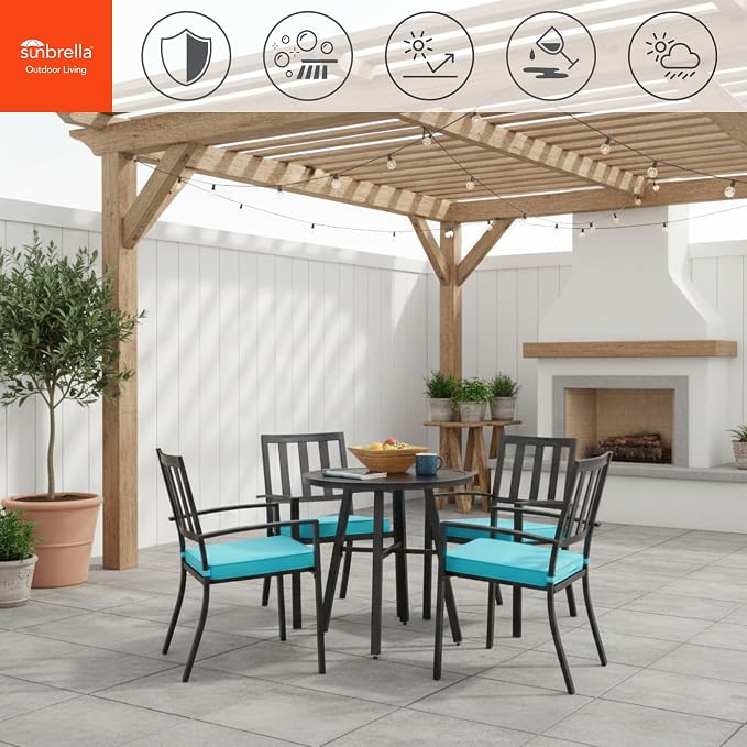 Indoor/Outdoor Chair Pads in Sunbrella Fabric – 17''x17'' Patio Seat Cushions with Foam Insert, Removable Reversible Cover & Ties for Patio Dining Chairs – Set of 2 or 4, Canvas Aruba
