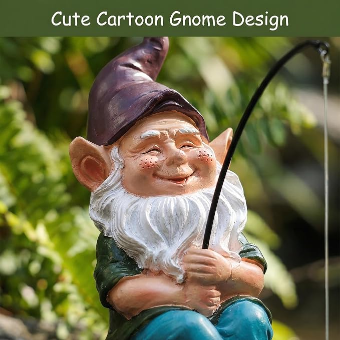 Gnomes Decoration for Yard Outdoor Garden Decor 9.7 Inch Tall Fishing Gnome Statue for Koi Pond, Waterfalls or Poolside Ornaments, Fisher Guy Outdoor Statues, Gift for Mom & Women