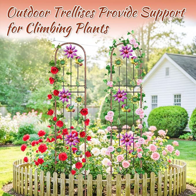 Metal GardenTrellis, Arched Fence Trellis Plant Support Trellises, Supporting Plants Outdoor Decoration for Climbing Plants Lawn Yard Patio Backyard Wall Brackets (Bird+Pink Flower)