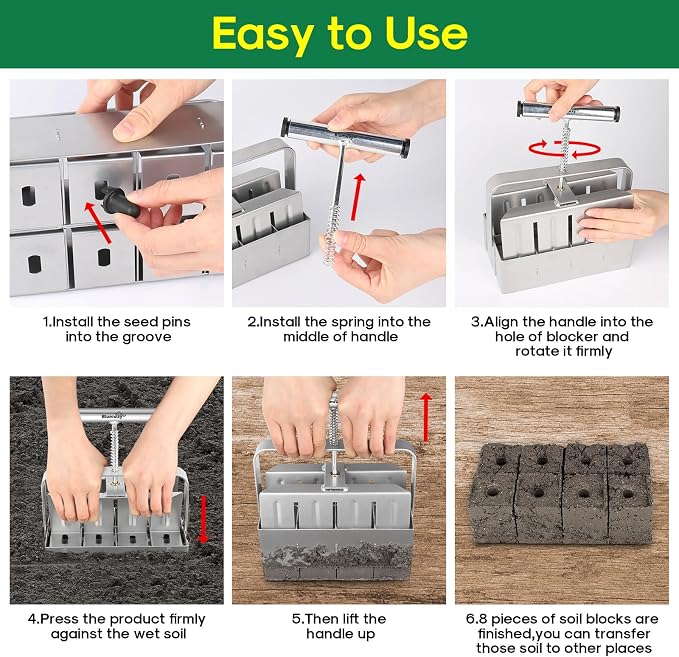 BlumWay Upgraded Soil Blocker, 8 Cell Seed Blocker 2 inch Quad Soil Block Maker Manual with 3 Types of Seed Pins,Hand-held Soil Blocking Tool for Seed Stater Tray Outdoor Plants