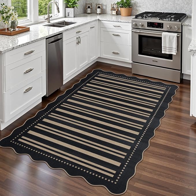 Striped Easy Jute 4x6 Outdoor Patio Rug, Washable Indoor Outdoor Black Kitchen Rugs Farmhouse Neutral Non Slip Area Rug for Living Room Backyard Bedroom