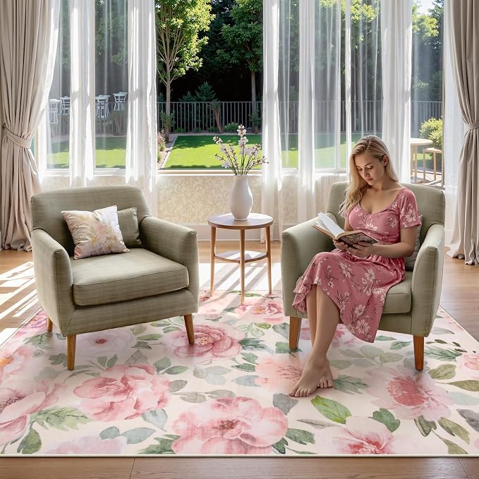 Lahome Beige Multi Floral Washable Rug 3x5 for Entryway and Bathroom | Soft Bedroom Rug, Ultra-Thin Home Decor Small Carpet for Kitchen, Kids Room, Office, College Dorm